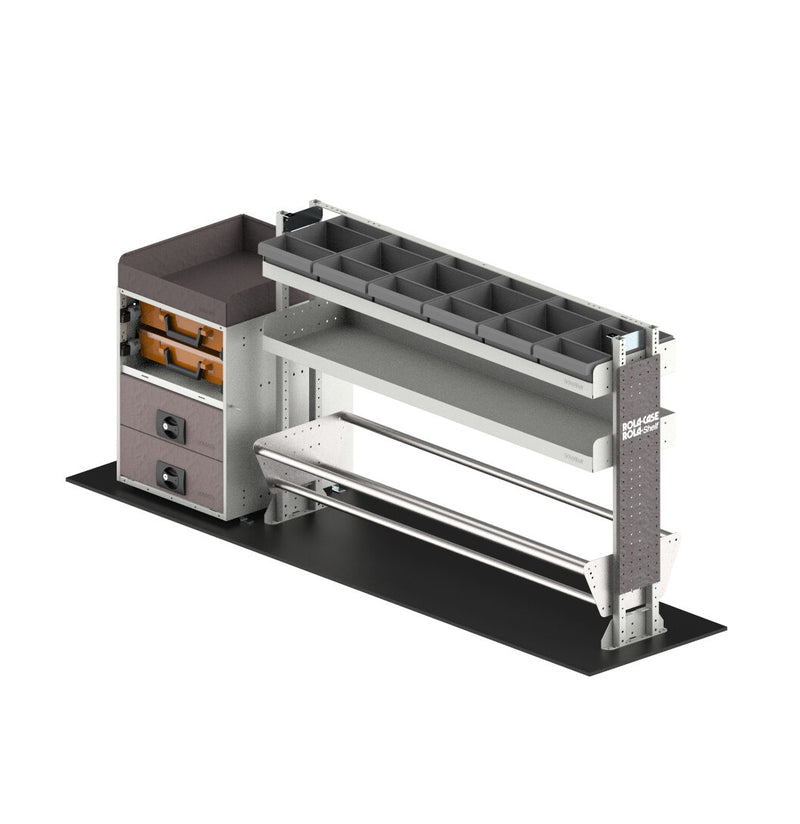 Modular storage system with drawers and shelves on a white background
