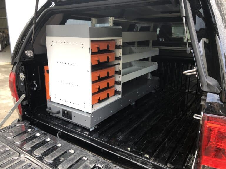 RolaCase Canopy Shelving Package 30 – shelving configuration with drawers and bins