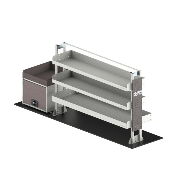 Metal shelving unit with multiple shelves on a white background