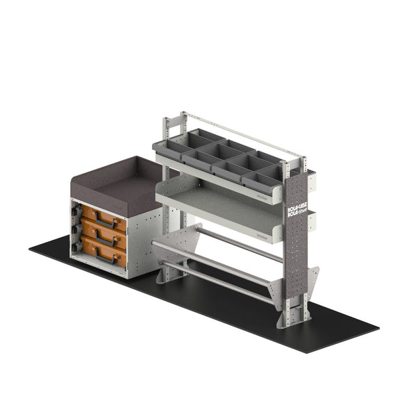 Modular storage system with shelves and drawers on a white background