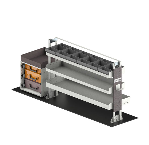 Storage rack with shelves and drawers on a white background