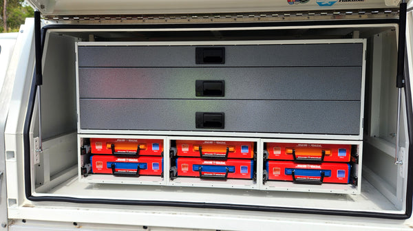 Rolacase Open storage compartment with drawers and tool boxes inside