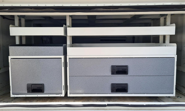Rolacase Two gray storage drawers with black handles on a metal surface.